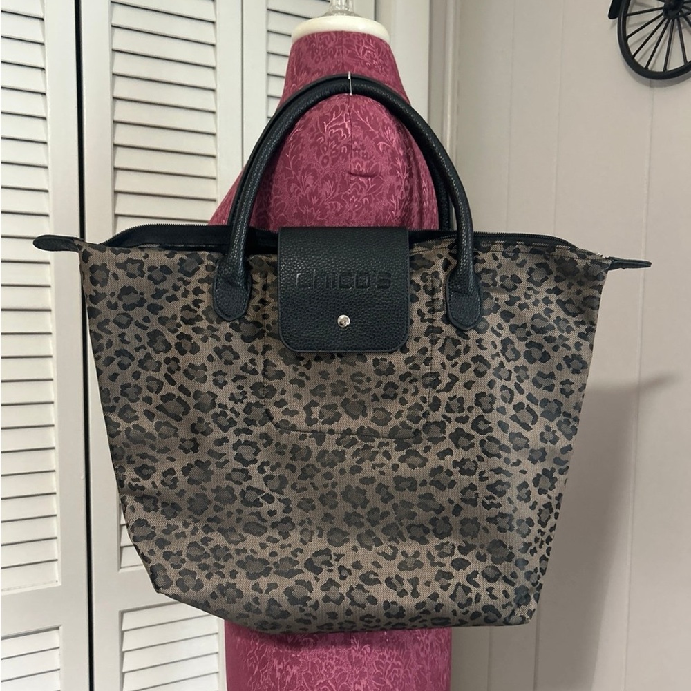 Chico's Leo Roll Brown and Black Tote Bag with Leopard Print